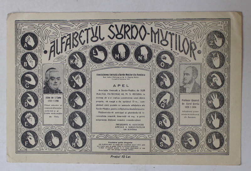 ALFABETUL SURDO - MUTILOR , CARTE POSTALA , INCEPUT DE SECOL XX
