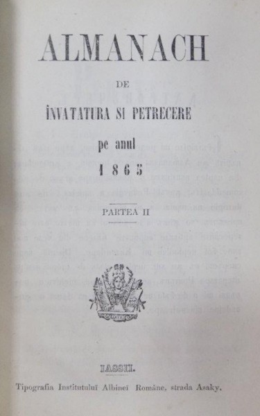 Almanah de invatatura si petrecere pe anul 1865, Iasi