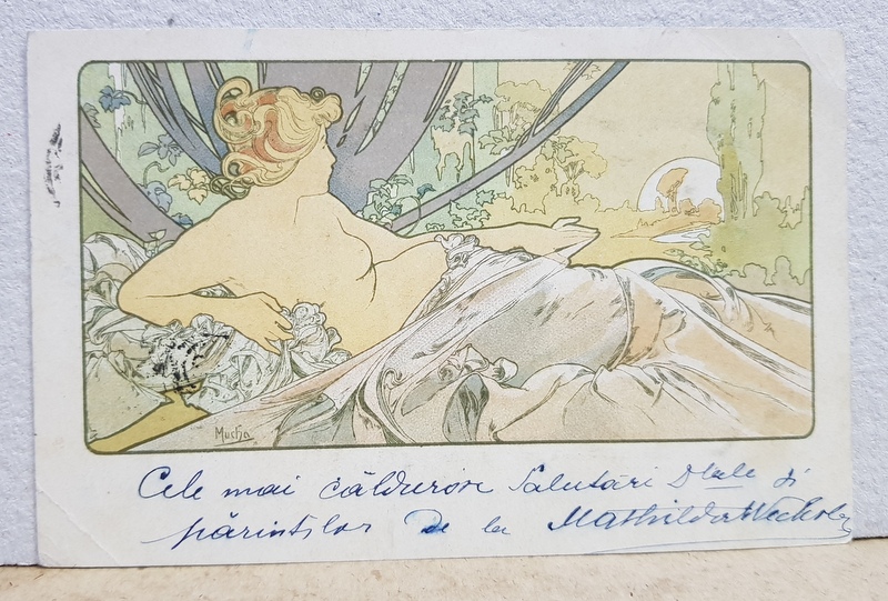 ALPHONSE MUCHA , CROMOLITOGRAFIE ART - NOUVEAU , POLICROMA, NUD DE FEMEIE IN PEISAJ , TIP CARTE POSTALA , CIRCULATA , CLASICA , CCA. 1900