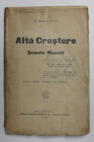 ALTA CRESTERE , SCOALA MUNCII de S. MEHEDINTI , 1922