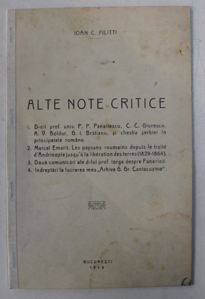 ALTE NOTE CRITICE de IOAN C . FILITTI , 1938