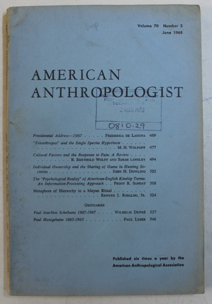 AMERICAN ANTHROPOLOGIST , VOLUME 70 , NUMBER 3, JUNE 1968