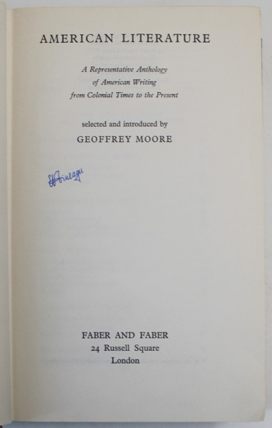AMERICAN LITERATURE , A REPRESENTATIVE ANTHOLOGY OF AMERICAN WRITING by GEOFFREY MOORE , 1964