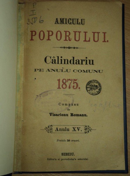 AMICUL POPORULUI, CALENDAR PE ANUL 1875 COMPUS DE VISARION ROMANU, ANUL XV, SIBIU