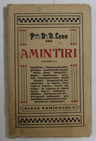 AMINTIRI , PARTEA A II - A de N. LEON , 1925