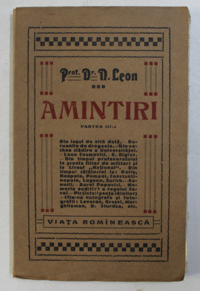 AMINTIRI PARTEA a - III - a de DR. N. LEON , 1927