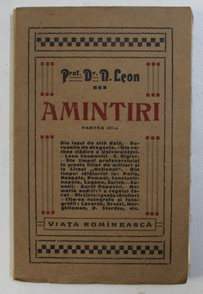 AMINTIRI PARTEA a - III - a de DR. N. LEON , 1927
