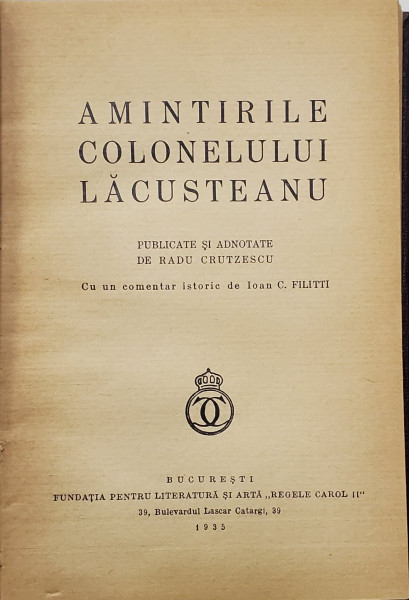 AMINTIRILE COLONELULUI LACUSTEANU de RADU CRETZESCU ,BUCURESTI 1935