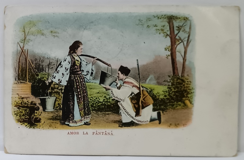 AMOR LA FANTANA , CUPLU IN COSTUME POPULARE , CROMOLITOIGRAFIE , CARTE POSTALA , 1906
