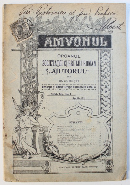 AMVONUL  - ORGANUL SOCIETATEI CLERULUI ROMAN &amp;quot; AJUTORUL &amp;quot; DIN BUCURESTI , ANUL XIV , No. 1 , APRILIE 1911