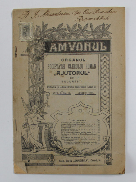 AMVONUL  - REVISTA SOCIETATII  ' AJUTORUL  ' A CLERULUI  ROMAN DIN BUCURESTI , ANUL X , NR. 13 , APRILIE , 1938