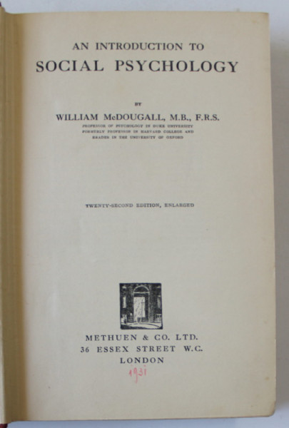 AN INTRODUCTION TO SOCIAL PSYCHOLOGY by WILLIAM  McDOUGALL , 1931