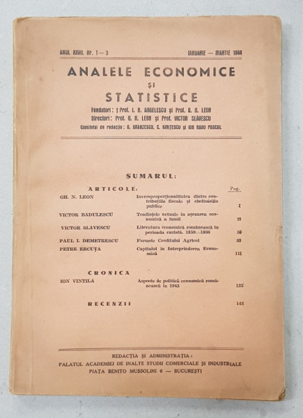 ANALELE ECONOMICE SI STATISTICE , ANUL XXVII , NR.  1 - 3 , IANUARIE  - MARTIE , 1944