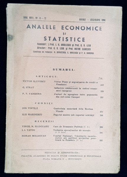 ANALELE ECONOMICE SI STATISTICE , ANUL XXVII , NR.  8 - 12  , AUGUST  - DECEMBRIE  , 1944