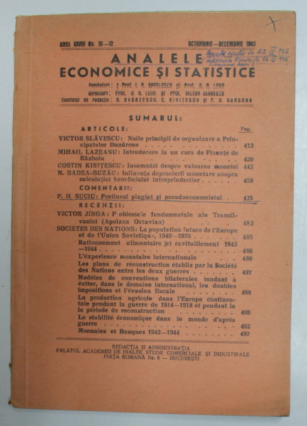 ANALELE ECONOMICE SI STATISTICE , ANUL XXVIII , NO. 10 - 12 , OCTOMBRIE  - DECEMBRIE , 1945