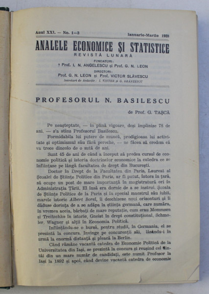 ANALELE ECONOMICE SI STATISTICE , REVISTA LUNARA , ANUL XXI , NUMERELE 1 - 3 , IANUARIE - MARTIE , 1938