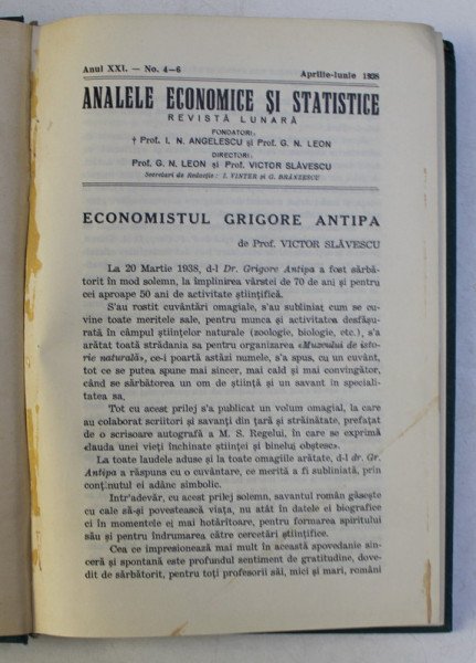 ANALELE ECONOMICE SI STATISTICE , REVISTA LUNARA , ANUL XXI , NUMERELE 4 - 6 , APRILIE - IUNIE , 1938