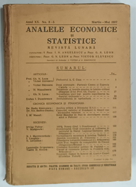 ANALELE ECONOMICE SI STATISTICE , REVISTA LUNARA , NR. 3-5 , MARTIE - MAI , 1937, COLEGAT , PREZINTA URME DE UZURA