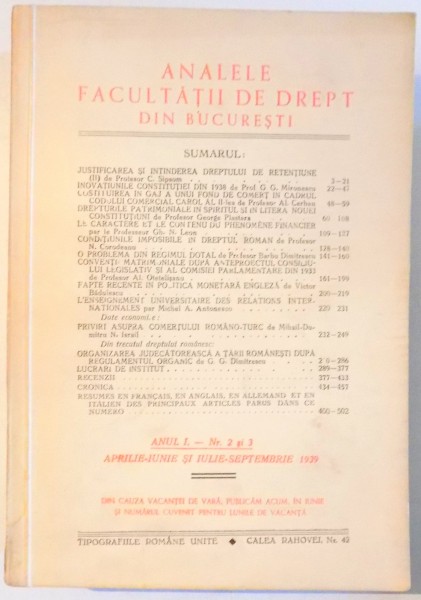 ANALELE FACULTATII DE DREPT DIN BUCURESTI, ANUL I.-NR. 2 SI 3 , 1939