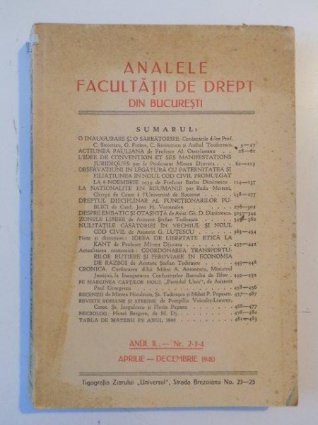 ANALELE FACULTATII DE DREPT DIN BUCURESTI, ANUL II, NR. 2-3-4, APRILIE - DECEMBRIE 1940