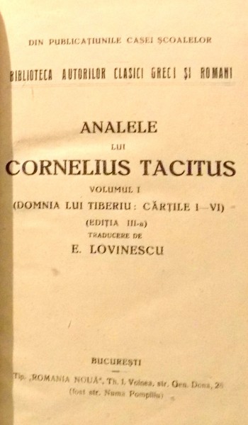 ANALELE LUI CORNELIUS TACITUS, VOL. I-II de E. LOVINESCU