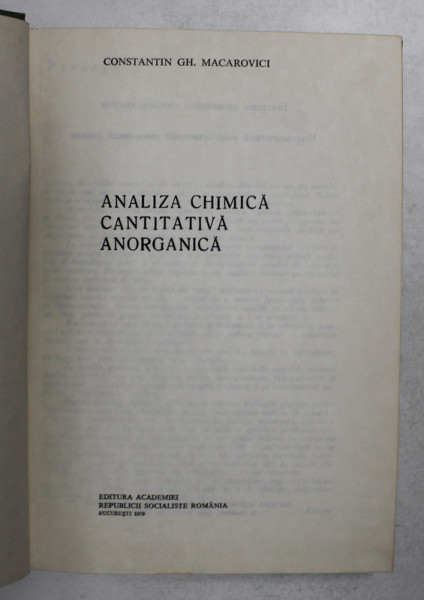 ANALIZA CHIMICA, CANTITATIVA, ANORGANICA de CONSTANTIN GH. MACAROVICI, 1979