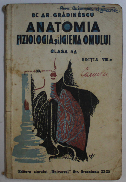 ANATOMIA FIZIOLOGIA SI IGIENA OMULUI , CLASA A - IV -A de AR. GRADINESCU , 1942 , PREZINTA INSEMNARI CU STILOUL PE COPERTA *