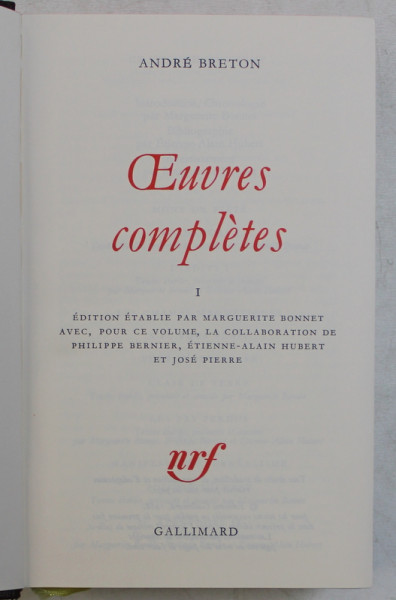 ANDRE BRETON  - OEUVRES COMPLETES , TOME I , BIBLIOTHEQUE DE LA PLEIADE , 1988 , EDITIE DE LUX *