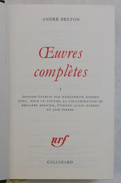 ANDRE BRETON  - OEUVRES COMPLETES , TOME I , BIBLIOTHEQUE DE LA PLEIADE , 1988 , EDITIE DE LUX *
