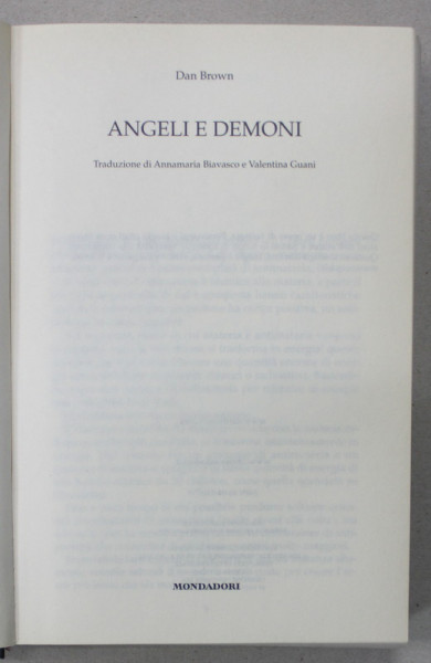 ANGELI E DEMONI , romanzo di DAN BROWN , TEXT IN LIMBA ITALIANA , 2004