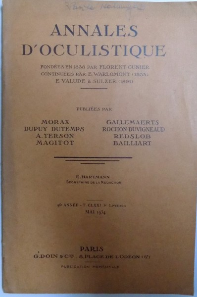 ANNALES D ' OCULISTIQUE ,  par MORAX..BAILLIART , MAI 1934