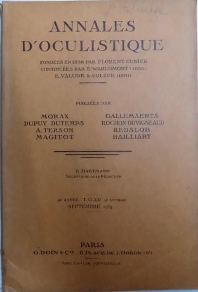ANNALES D ' OCULISTIQUE ,  par MORAX..BAILLIART , SEPT. 1934