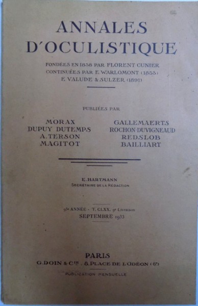 ANNALES D ' OCULISTIQUE ,  par MORAX..BAILLIART , SEPTEMBRE 1933