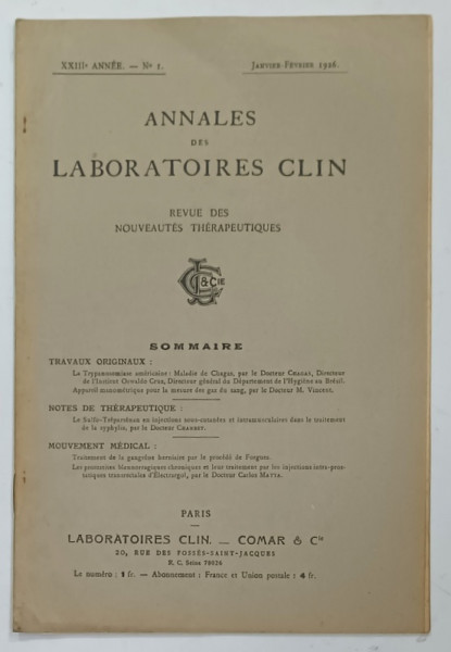 ANNALES DES LABORATOIRES CLIN . REVUE DES NOUVEAUTES THERAPEUTIQUES , NO. 1 , 1926