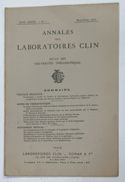 ANNALES DES LABORATOIRES CLIN . REVUE DES NOUVEAUTES THERAPEUTIQUES , NO. 2 , 1926