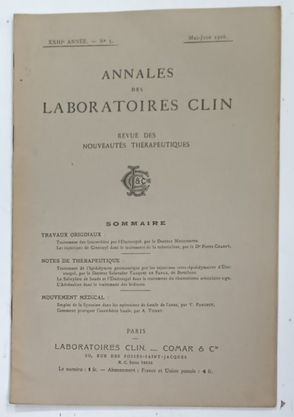 ANNALES DES LABORATOIRES CLIN . REVUE DES NOUVEAUTES THERAPEUTIQUES , NO. 3 , 1926