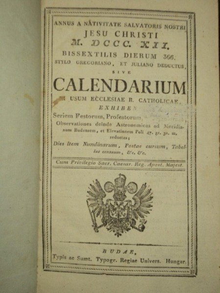 Annus a Nativitate Salvatoris Nostri Jesu Christi 1812, Calendarium,  Buda 1812