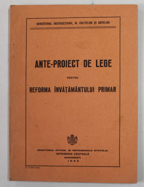 ANTE - PROIECT DE LEGE PENTRU REFORMA INVATAMANTULUI PRIIMAR , 1933