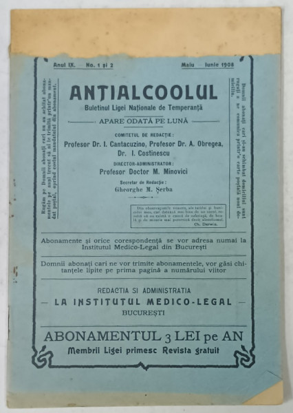 ANTIALCOOLUL , BULETINUL LIGEI NATIONALE DE TEMPERANTA , NR. 1-2  , 1908