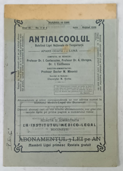 ANTIALCOOLUL , BULETINUL LIGEI NATIONALE DE TEMPERANTA , NR. 3-4 , 1908