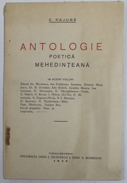 ANTOLOGIE POETICA MEHEDINTEANA de C. PAJURA , 1932
