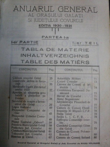 Anuarul general al orasului Galati si Judetului Covurlui  -GALATI 1931