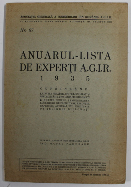 ANUARUL - LISTA DE EXPERTI A.G.I.R. , 1935