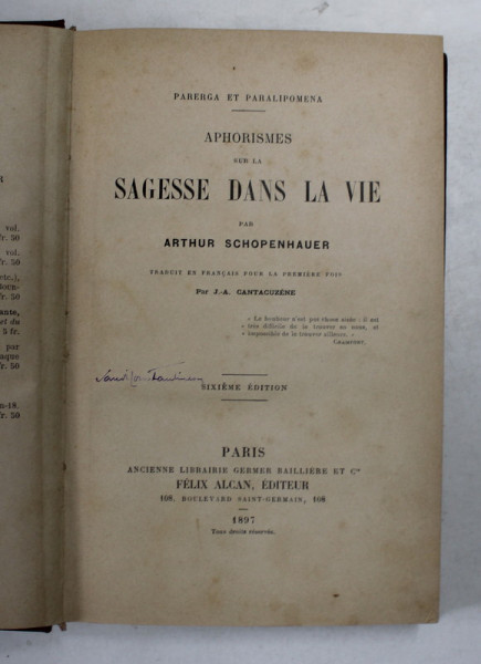 APHORISMES SUR LA SAGESSE DANS LA VIE par ARTHUR SCHOPENHAUER , 1897