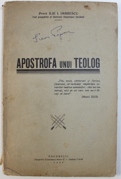 APOSTROFA UNUI TEOLOG de PREOT ILIE I. IMBRESCU , 1935