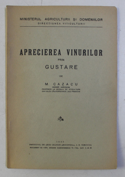 APRECIEREA VINURILOR PRIN GUSTARE de M . CAZACU , 1933