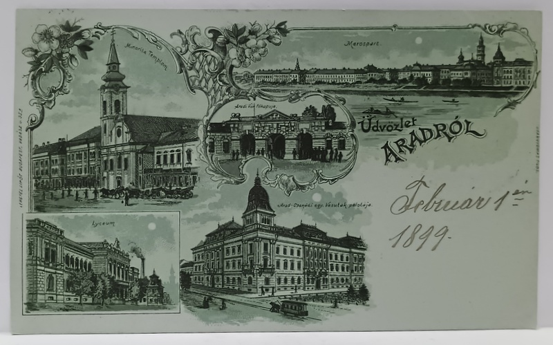 ARAD , CARTE POSTALA CLASICA , FOTOMONTAJ CU  CINCI OBIECTIVE DIN ORAS , DATATA  1899