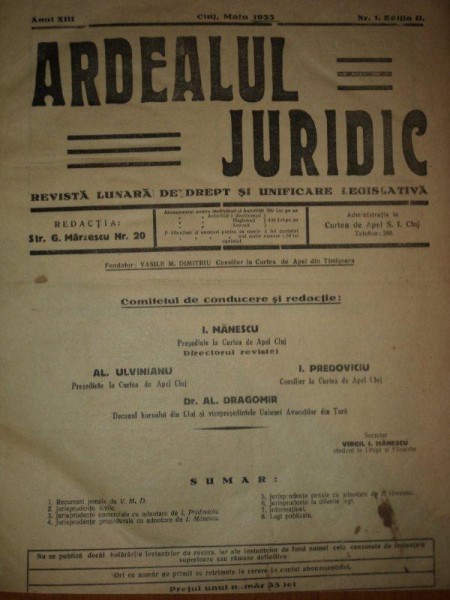 ARDEALUL JURIDIC , REVISTA LUNARA DE DREPT SI UNIFICARE LEGISLATIVA 1933 ANUL XIII, NR.1-12