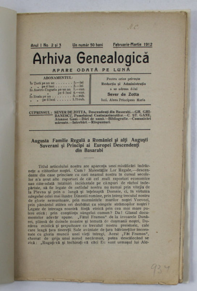 ARHIVA GENEALOGICA , ANUL I , NO. 2 si 3 , FEBRUARIE - MARTIE 1912 , LIPSA COPERTA ORIGINALA *