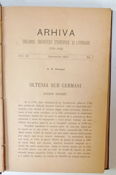 ARHIVA , ORGANUL  SOCIETATII STIINTIFICE SI LITERARE DIN IASI , VOLUMUL III , COLEGAT DE 11 NUMERE CONSECUTIVE , IANUARIE - NOIEMBRIE , 1892